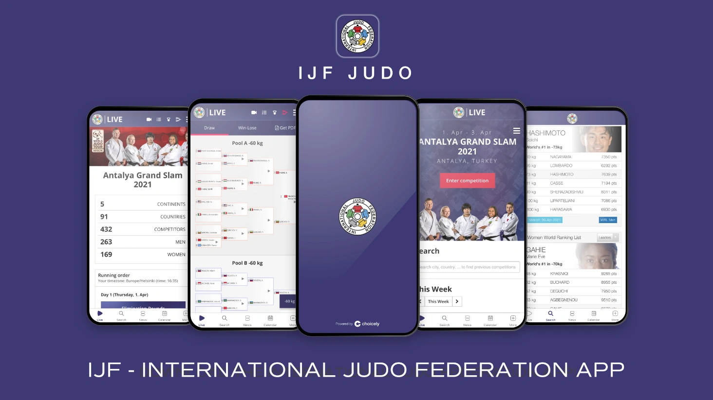 Phones with screens of the International Judo Federation app